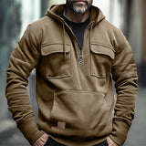 Nukty Half Zipper Men's Hoodies Solid Warm Fleece Sweatshirts Multi Pockets Male Hooded Jackets Thick Outdoor Polar