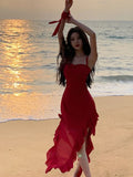 Nukty Women Elegant Backless Sexy Slip Dresses Summer Spring New Fashion Irregular Ruffles Holiday Beach Party Club Split Midi Dress