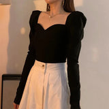 Nukty Vintage Elegant Shirts Women Puff Sleeve Square Collar Blouses Office Lady Korean Autumn Black Chic Slim Casual All Match Tops