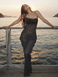 Nukty Black Fashion Polka Dots Sundress Sexy See Through Spaghetti Strap Maxi Dress Women Summer Clothes Party Slip Dresses A1259