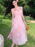 Nukty Elegant Floral Print Midi Dress for Women Pink Spaghetti Strap V-neck Birthday Party Dresses Summer A-line Prom Casual Vestidos