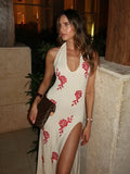 Nukty Women Fashion Print High Split Long Dress Elegant V-neck Sleeveless Vocation Dresses New Female Sexy Beach Party Maxi Robes