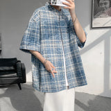 Nukty Vintage Blue Loose Plaid Men'S Shirt Fashion Tie-dye Printed Lapel Short Sleeve Men Shirts Blouses Tops Male Clothing 5XL-M