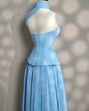 Nukty Sky Blue Beadings Prom Dresses Pleated Floor Length Evening Dresses vestidos de novia Back Zipper Party Dresses