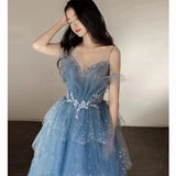 Nukty DRESS TO IMPRESS Blue Spaghetti Strap Evening Dress Luxury Tulle Applique Princess Cake Gown Sexy Illusion Backless Long Quinceanera Dresses
