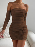 Nukty Long Sleeves Sexy Ruched Strapless Dress Women New Fashion Female Pure Color Mini Pleated Casual Clothing