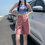 Nukty Summer New Korea Fashion Loose Women Jeans Shorts Purple Pink High Waist Straight Pockets Female Wide Short Pants