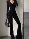 Nukty Y2k Sexy Bodycon Black Velvet Jumpsuit Women Fashion Hooded Zipper Flare Pants Rompers Vintage Autumn Streetwear Winter Outfits