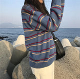 Nukty Women Pullovers Crew-Neck Knitted Jumper New Student Striped Sweater Aesthetic  Outfit