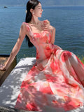 Nukty Women Sweet Pink Floral Elegant Sleeveless Ruffled Edges Slip Dresses Summer Romantic Bohemian Sexy Birthday Evening Party Dress