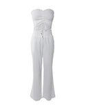 Nukty Two Piece Set Women Outfit Summer Fashion Drawstring Bandeau Sleeveless Crop Top & Casual Shirred High Waist Pants Sets