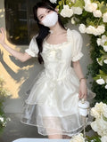 Nukty Sweet Princess Fairy Mini Dress for Women Korean Short Sleeves Ruffles Birthday Party Dresses Summer Chic Short Vestidos New