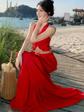 Nukty Sexy Red Skirts Suits Elegant Halter V-neck Short Top + Casual High Waist A-line Long Skirt Womens Two Pieces Set Woman Clothing