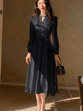 Nukty Spring New Elegant French Satin Vintage Midi Dress Office Lady Lace-up Long Sleeves Slim Wasit Korean Chic Vestidos Basics