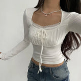 Nukty Korean White Lace Patched Female T-shirt Slim Basic Sweet Folds Autumn Tee Cute Top Coquette Clothes Front Tie-Up Y2K