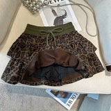 Nukty  American Leopard Print Women Fluffy Skirts Y2K Summer High Waist Ruffles Mini Skirts Fashion Sweet Preppy All Match A Line Skirt