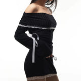 Nukty Elegant Slash-neck Long Sleeve Mini Dress Sexy Lace Patchwork Y2K Multi Bow Bandage Dress Autumn Party Women Vestidos