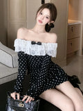 Nukty Sweet Sexy Lace Trimmed Strapless Dress Polka Dot Design Off Shoulder Slim Fit Girls Short Wrapped Buttocks Vestidos