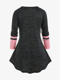 Nukty Autumn Winter Women's Casual Tops Plus Size Colorblock Cable Knit Panel Lace Up Tee,Long Sleeves Casual Shirts 4XL