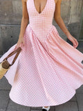 Nukty Women Sweet Pink Plaid Print Pleated A-line Dress Sexy Backless V-neck Lace-up Halter Dresses New Evening Party Club Robes