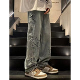 Nukty Men Stars Patchwork Jeans New Male Fashion Casual Straight Wide Leg Pants Hip Hop High Street Baggy Solid Color Denim Trousers