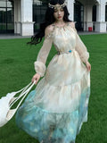 Nukty Autumn Printed Midi Dress for Women Vintage Off Shoulder Halter Long Sleeve Loose A-Line Casual Dresses Female Vestidos Mujer