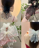 Nukty Mesh Big Bow Elastic Hair Band Ponytail Sweet Pearl Hairdressing Princess Rubber Band Elegant Korean Hair Accessories