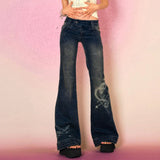 Nukty  Y2K Low Rise Flare Jeans for Woman Streetwear Aesthetic Print Jean Pants Vintage Washed Denim Trouser Grunge Fairycore