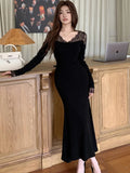 Nukty Autumn Lace Patchwork Womens Dresses Elegant V-Neck Bodycon Evening Party Mermaid Dress Slim Waist Midi Vestidos Female Clothing