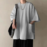 Nukty Japanese street fashion Men Solid Color Top Men's Summer Streetwear T-shirt with Pockets Loose Fit Solid Color Top Plus Size Half Sleeves for Outdoor