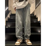Nukty Men Stars Patchwork Jeans New Male Fashion Casual Straight Wide Leg Pants Hip Hop High Street Baggy Solid Color Denim Trousers