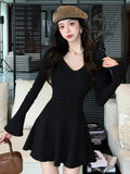 Nukty Autumn Solid Knitted Dresses for Women Elegant Fashion V-Neck Slim Evening Party Mini Dress Female A-Line Casual Vestidos Mujer