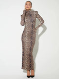 Nukty Leopard Print Long Sleeve Sexy Maxi Dress For Women Autumn Winter Fashion Elegant Turtleneck Printed Bodycon Long Dress