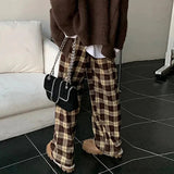 Nukty High Waist Women's Brown Plaid Pants Streetwear Oversize Wide Leg Checkered Trousers Woman Loose Y2K Retro Sweatpants Mujer