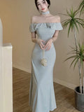 Nukty Sexy Solid Off Shoulder Mermaid Dresses Summer Slim Waist Vestidos Mujer Elegant Ruffles Slash Neck Bodycon Evening Party Dress