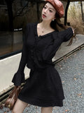 Nukty Elegant Casual Knitted Two-piece Skirt Set Women Flare Sleeve V-Neck Cardigan Mini Pleated Skirt Autumn Y2K Slim Fit Outfits New