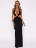 Nukty Women Sexy Hollow Out Deep V-neck Long Dress Fashion Solid Pleated Backless Lace-up Maxi Dresses Summer Vocation Beach Vestidos
