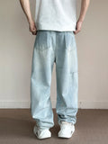 Nukty Korean Fashion Men's Baggy Jeans Light Blue High Street Straight Wide Trousers Personalized Washed Y2k Pants Male
