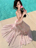 Nukty Elegant Print Long Dresses for Women Sexy Spaghetti Strap Bodycon Birthday Party Mermaid Dress Summer Slim Waist Vestidos Robe