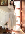 Nukty New Elegant Chic French Pleated Solid Dress Puff Sleeves Slim Wasit Midi Women's Dresses Party Prom Female Clothes Mujer