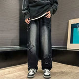 Nukty Men Star Embroidery Straight Casual Jeans Male New Fashion Straight Wide Leg Loose Hip Hop High Street Baggy Denim Trousers