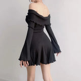 Nukty Elegant Flare Long Sleeve Twist Knot Mini Dresses Sexy Low-cut Off Shoulder Dress Y2K Aesthetic Agaric Edge Vestido