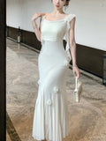 Nukty Fashion Slim Wasit Bodycon Evening Women Dresses New Flying Sleeve Korean  Sexy Elegant Mesh Solid Flowers Mermaid Dress