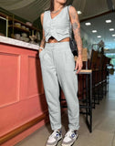 Nukty Two Piece Set Women Outfit Summer Fashion V-Neck Buttoned Sleeveless Vest Top & Casual High Waist Pocket Daily Pants Set