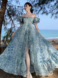 Nukty Blue Printed Beach Skirt For Women's Dresses Summer New Organza Design With Ruffled Edges Seaside Vacation Long Skirt  Dress New