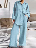 Nukty Cotton Set Women's Suit Casual Lapel Shirt Top Blouse Loose Trouser Two-piece Set For Women Elegant Outfits Pants Women's