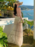 Nukty French Style Casual Loose Skirt Suits Elegant Halter Backless Lace-up Top + Holiday Beach A-line Skirt Womens Two Pieces Set New