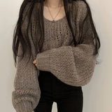 Nukty FALL OUTFITS Autumn Women Hollow Out Solid Sweater Lantern Sleeve O-Neck Knitted Pullovers For Women Winter Casual Loose Sweater