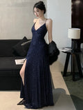 Nukty Sexy Slim Evening Gown Luxury Dresses Women's Backless V-Neck Split Maxi Dress Fashion Robe Birthday Party Spring Autumn New