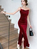 Nukty DRESS TO IMPRESS Sexy Vintage Split Velvet Spaghetti Strap Midi Dresses for Women Korea Summer French Elegant Wedding Party Female Clothing